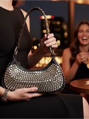 BB Simon black leather/ crystal shoulder bag bling